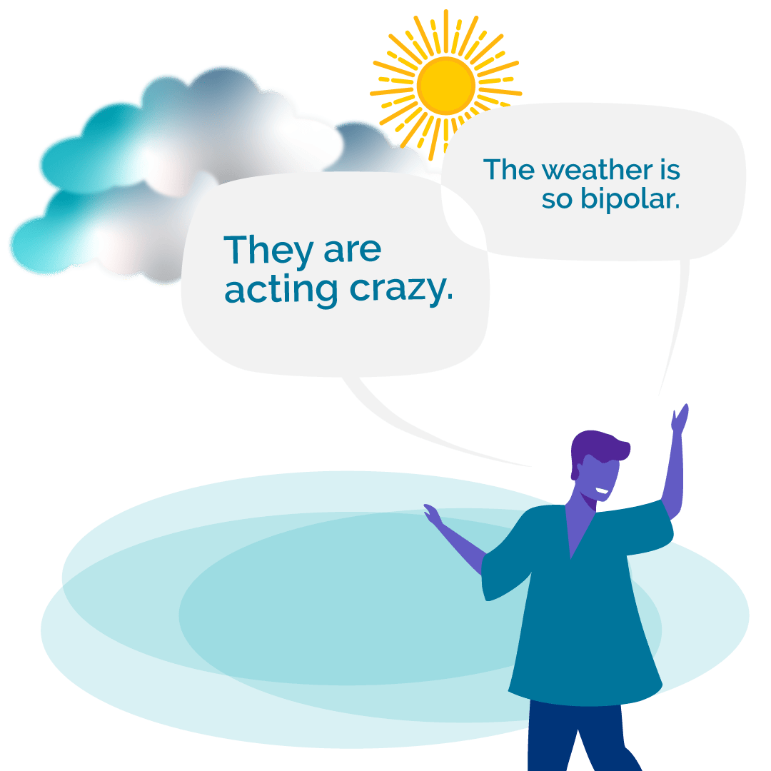 A man with short hair and teal shirt stands in front of abstract blue shapes. There are a shining sun, clouds, and speech bubbles above his head with the words "They are acting crazy" and "The weather is so bipolar."