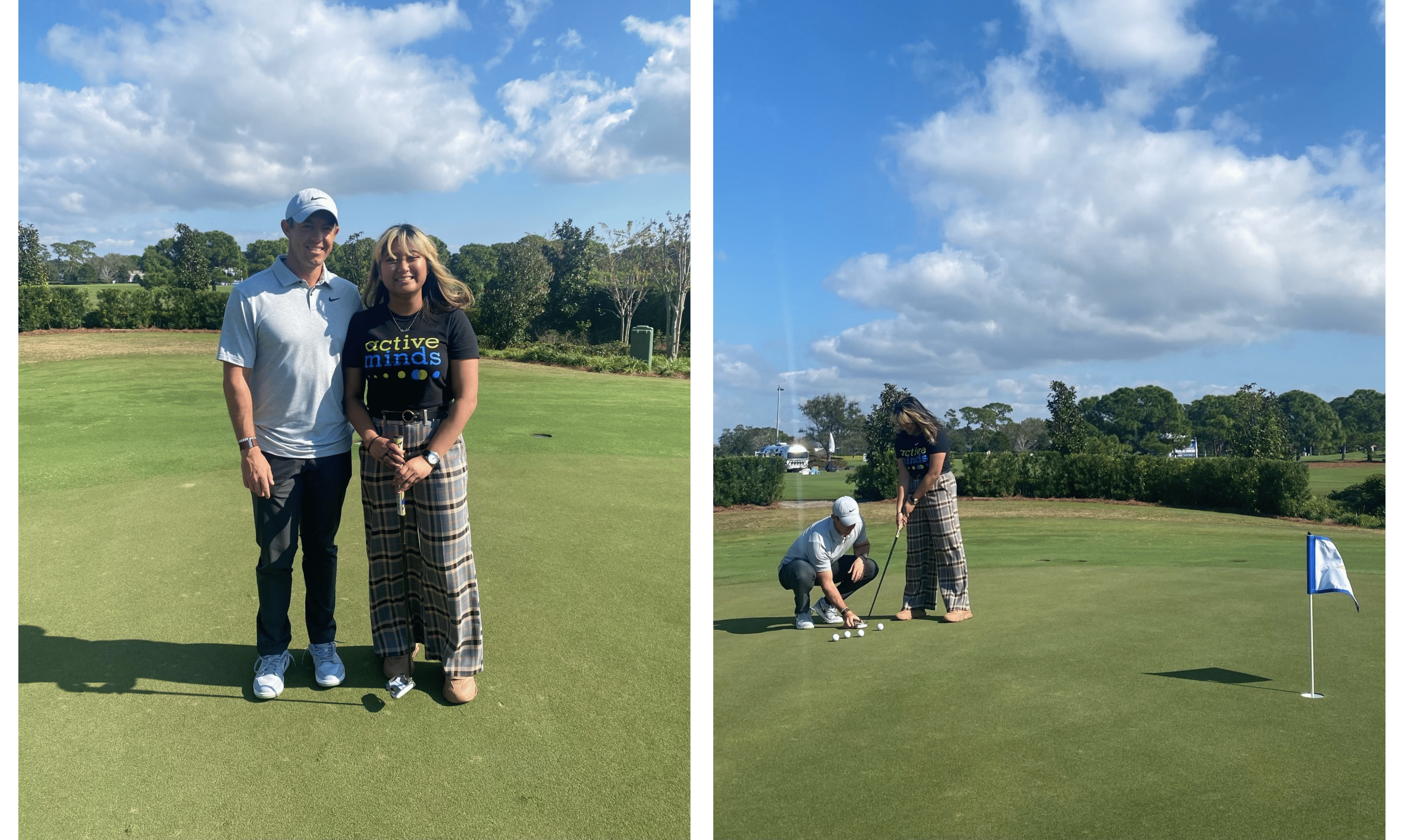 Photos of Rory McIlroy and Geela Margo Ramos practicing putting.