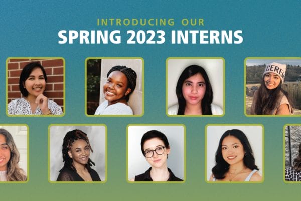 Headshots for Active Minds' spring 2023 interns with text reading, 