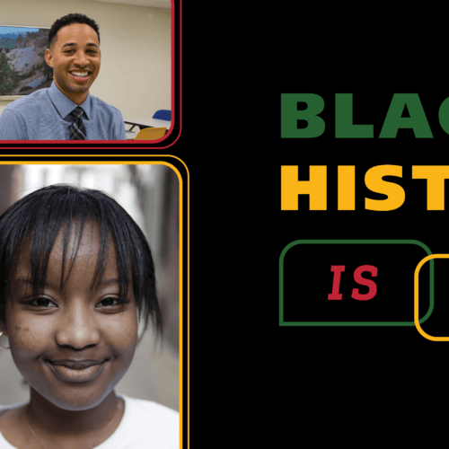 Photos of four Black young adults arranged in a collage, with text reading, 