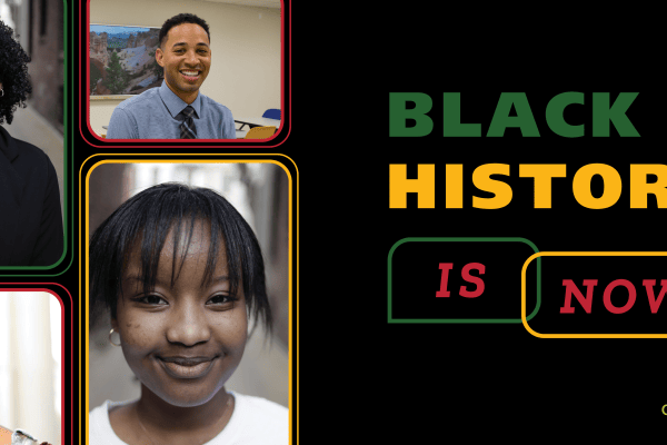 Photos of four Black young adults arranged in a collage, with text reading, 