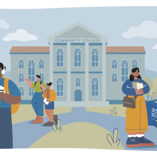 Illustrated graphic of students outside at a community college, chatting in small groups. Two students are tabling at an Active Minds table, talking to another student.