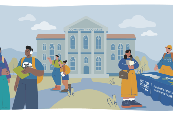 Illustrated graphic of students outside at a community college, chatting in small groups. Two students are tabling at an Active Minds table, talking to another student.