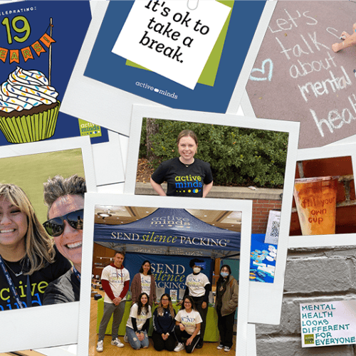 Collection of photos from Active Minds in polaroid-style frames, arranged in a collage.