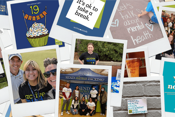 Collection of photos from Active Minds in polaroid-style frames, arranged in a collage.