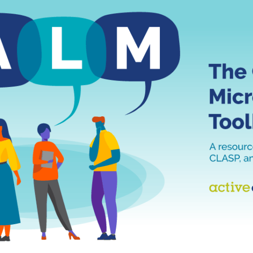 Four multicolored people standing and talking to each other in front of an abstract blue shape in the background. The word 