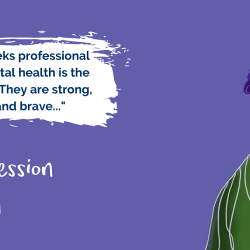 Purple background with hand-drawn image of a woman facing away, with illustrations of thunderstorms in her mind. Text reads, 