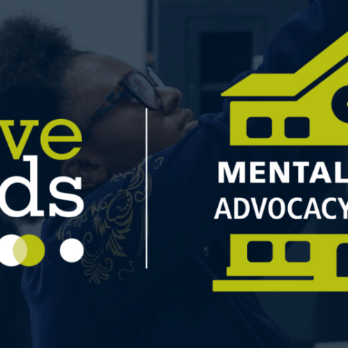 Photo of student in classroom hanging up an item with blue transparent overlay and Active Minds Mental Health Advocacy Academy logo centered.