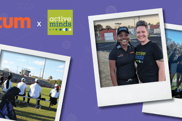 Photos of Active Minds involvement at The Players Championship in polaroid frames with Active Minds and Optum logos.