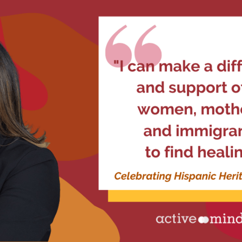 Photo of Gabriela Aguilar over a background of orange, red, and yellow abstract shapes. A quote to the right reads, 