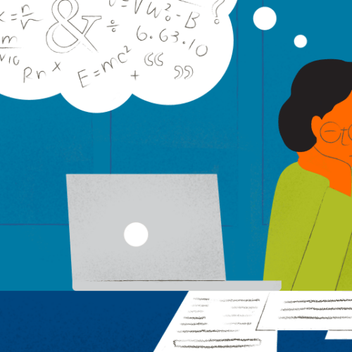 Image of student sitting at a laptop with notes in front of them and a stack of books. A thought bubble shows equations, symbols, and other academic jargon.