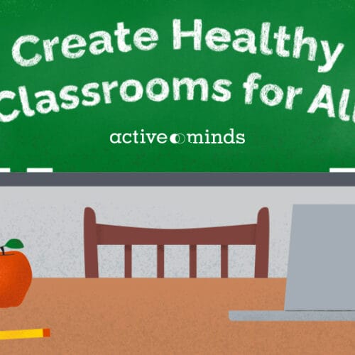 Illustrated image of a teacher's desk in front of a chalkboard, with text on the board reading, 