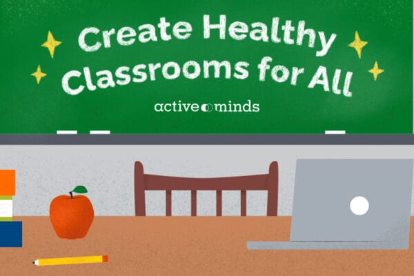 Illustrated image of a teacher's desk in front of a chalkboard, with text on the board reading, 
