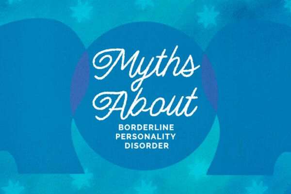 Blue background with dark blue silhouettes of heads facing opposite directions; text between the heads reads, 