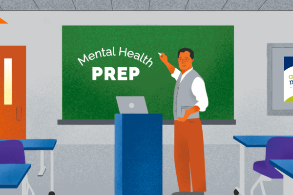 Hand-drawn graphic of teacher standing at front of classroom with