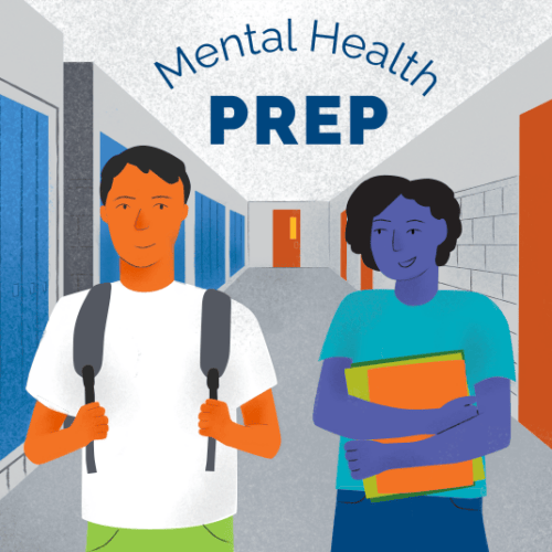 Hand-drawn illustration of two students walking down a school hallway with text reading, 