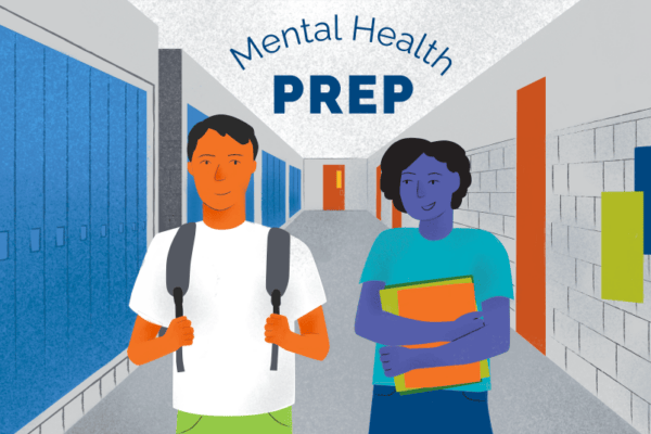 Hand-drawn illustration of two students walking down a school hallway with text reading,