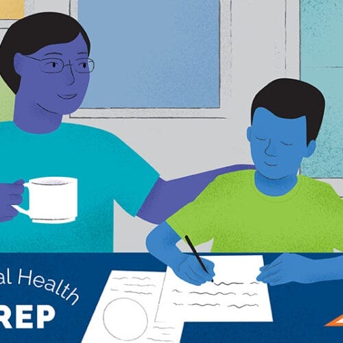 Hand-drawn image of a parent holding a mug in right hand with their left-hand on the back of their child sitting next to them at a table, with backpack on the table and while the child works on homework. The words 