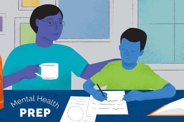 Hand-drawn image of a parent holding a mug in right hand with their left-hand on the back of their child sitting next to them at a table, with backpack on the table and while the child works on homework. The words 