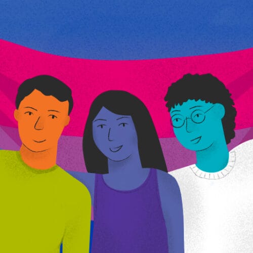 Pink, purple, and blue gradient background with gold stars, and three different sets of hands reaching up from out of the frame. One holds a bisexual pride flag, one holds a sign reading 