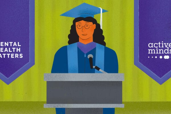 Illustration of a graduate standing at a podium in a cap and gown. Banners behind her read,
