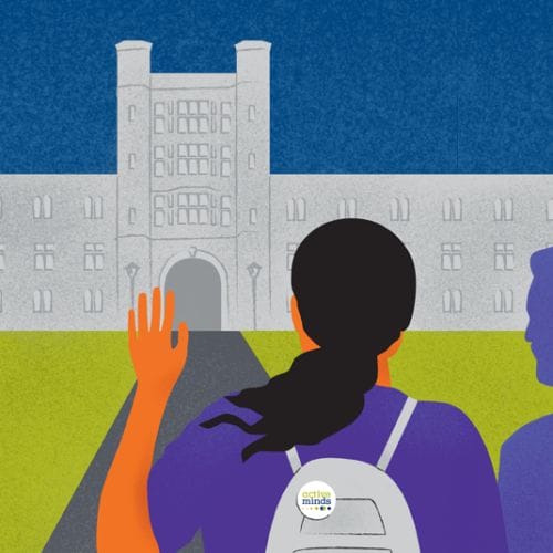 A tour guide on a college campus is speaking to a student in a group with their hand raised. The student is wearing a backpack with an Active Minds pin on the top.