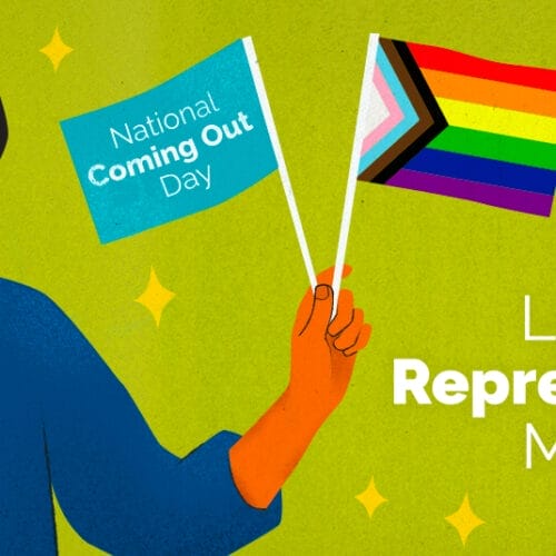 Illustration of a person holding two flags, one is a Pride flag and one reads 