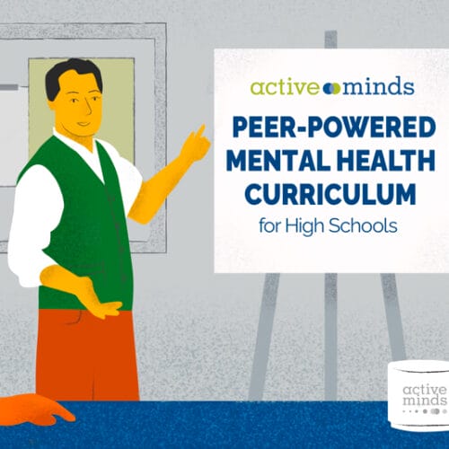 Illustrated graphic of a guidance counselor talking to a student and teacher, pointing at a sign reading, 