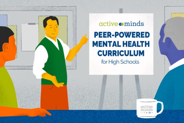 Illustrated graphic of a guidance counselor talking to a student and teacher, pointing at a sign reading, 