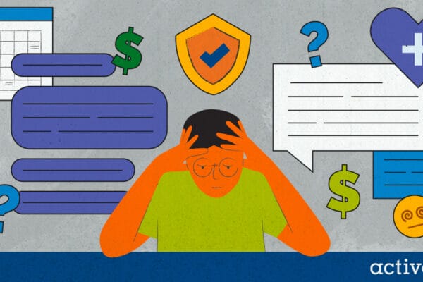 Illustrated graphic shows a young adult sitting at a desk looking overwhelmed surrounded by iconography representing the expensive and confusing nature of mental health care.