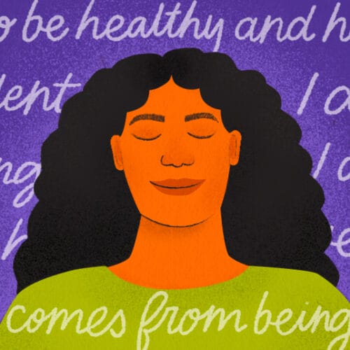 Illustration of a girl with her eyes closed, surrounded by affirmations like, 