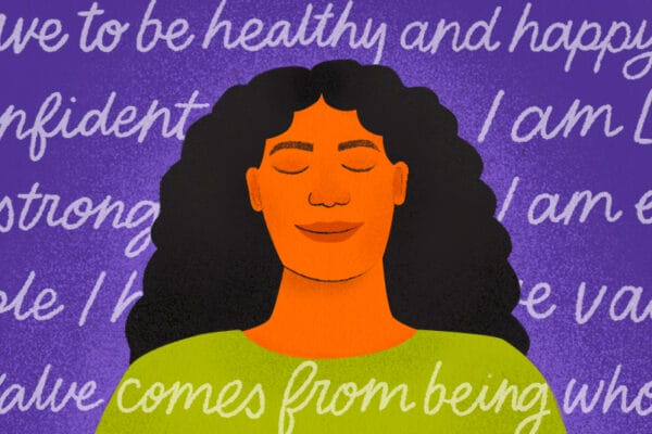 Illustration of a girl with her eyes closed, surrounded by affirmations like,