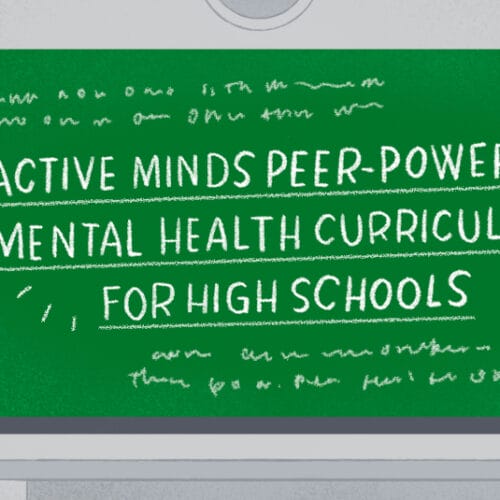 Hand-drawn image of students next to a chalkboard reading, 