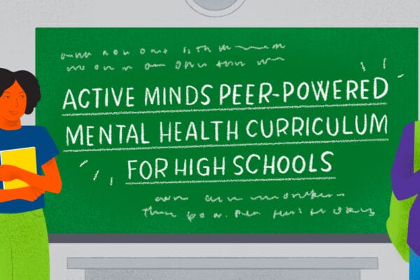 Hand-drawn image of students next to a chalkboard reading, 