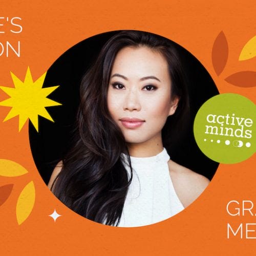Orange background with multi-colored fall icons (such as leaves) surrounding a headshot of Kelly Mi Li and text reading, 