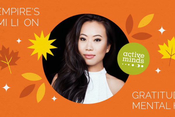 Orange background with multi-colored fall icons (such as leaves) surrounding a headshot of Kelly Mi Li and text reading,