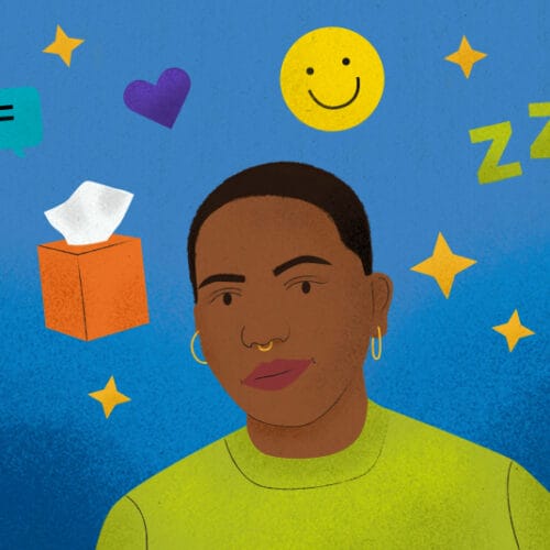 Hand-drawn illustration of blog author Chi, surrounded by self-care icons including a to-do list, tissue box, hearts, stars, a smiley face, and other colorful icons.