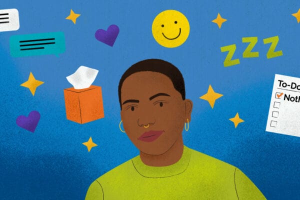 Hand-drawn illustration of blog author Chi, surrounded by self-care icons including a to-do list, tissue box, hearts, stars, a smiley face, and other colorful icons.