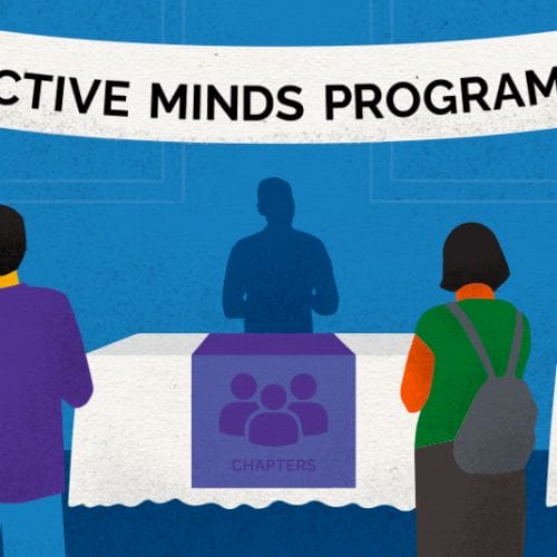 Illustrated image of two people attending an Open House for Active Minds programs, with booths reading, 