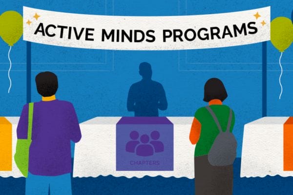Illustrated image of two people attending an Open House for Active Minds programs, with booths reading, 