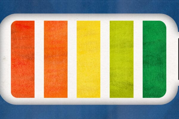 Illustrated graphic of a battery fully charged, surrounded by stars.