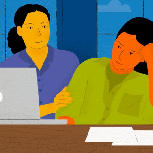 Illustrated image of a young adult sitting at a laptop looking frustrated, with an adult next to them, hand on their arm, smiling encouragingly.
