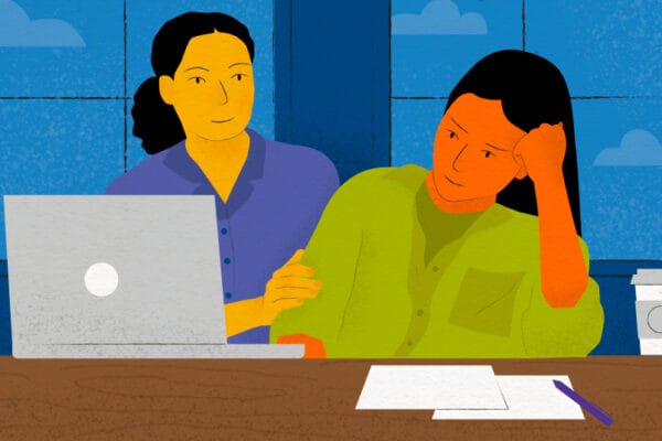 Illustrated image of a young adult sitting at a laptop looking frustrated, with an adult next to them, hand on their arm, smiling encouragingly.