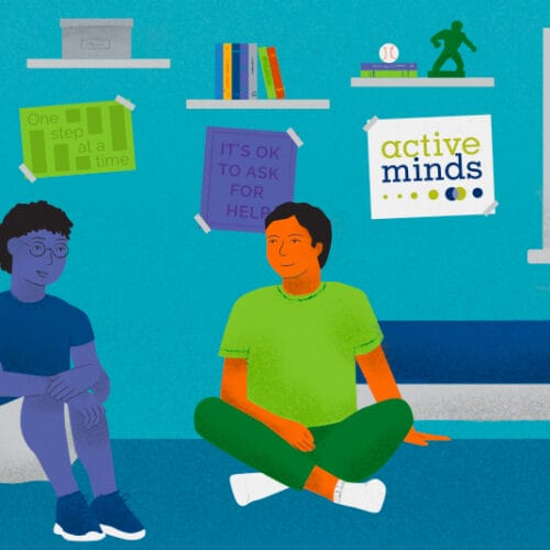 Illustrated graphic of two boys sitting on the floor in a bedroom having a conversation, with posters on the wall behind them reading, 