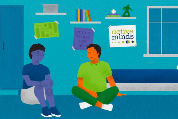 Illustrated graphic of two boys sitting on the floor in a bedroom having a conversation, with posters on the wall behind them reading,
