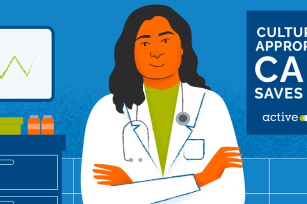 Illustrated graphic of a physician in a lab coat in her office, standing in front of a sign reading, 