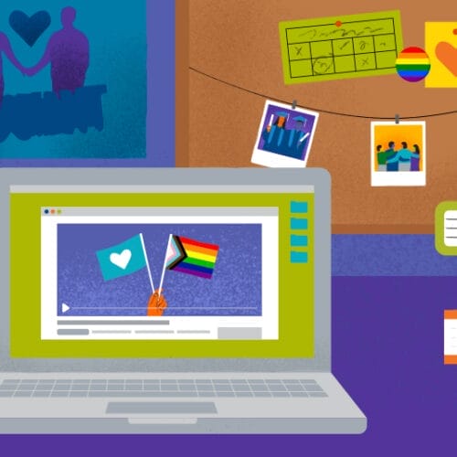 Illustrated graphic of a desk with various LGBTQ+ items of representation, including an open computer with pride flags onscreen, photos of individuals holding hands, and items with the Pride flag rainbow.