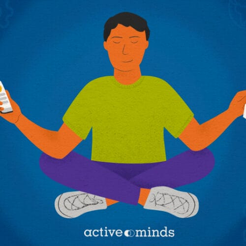 Illustrated image of a student sitting with their eyes closed, looking relaxed, holding a phone and papers in each hand. They are surrounded by books with school subjects (Chemistry, Physics, History, etc.) on each side.