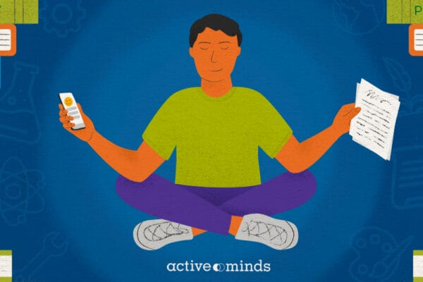 Illustrated image of a student sitting with their eyes closed, looking relaxed, holding a phone and papers in each hand. They are surrounded by books with school subjects (Chemistry, Physics, History, etc.) on each side.