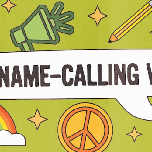 Graphic with cartoon icons including stars, a peace sign, a flower, a rainbow, and a heart with the colors of the transgender pride flag, and text reading, 